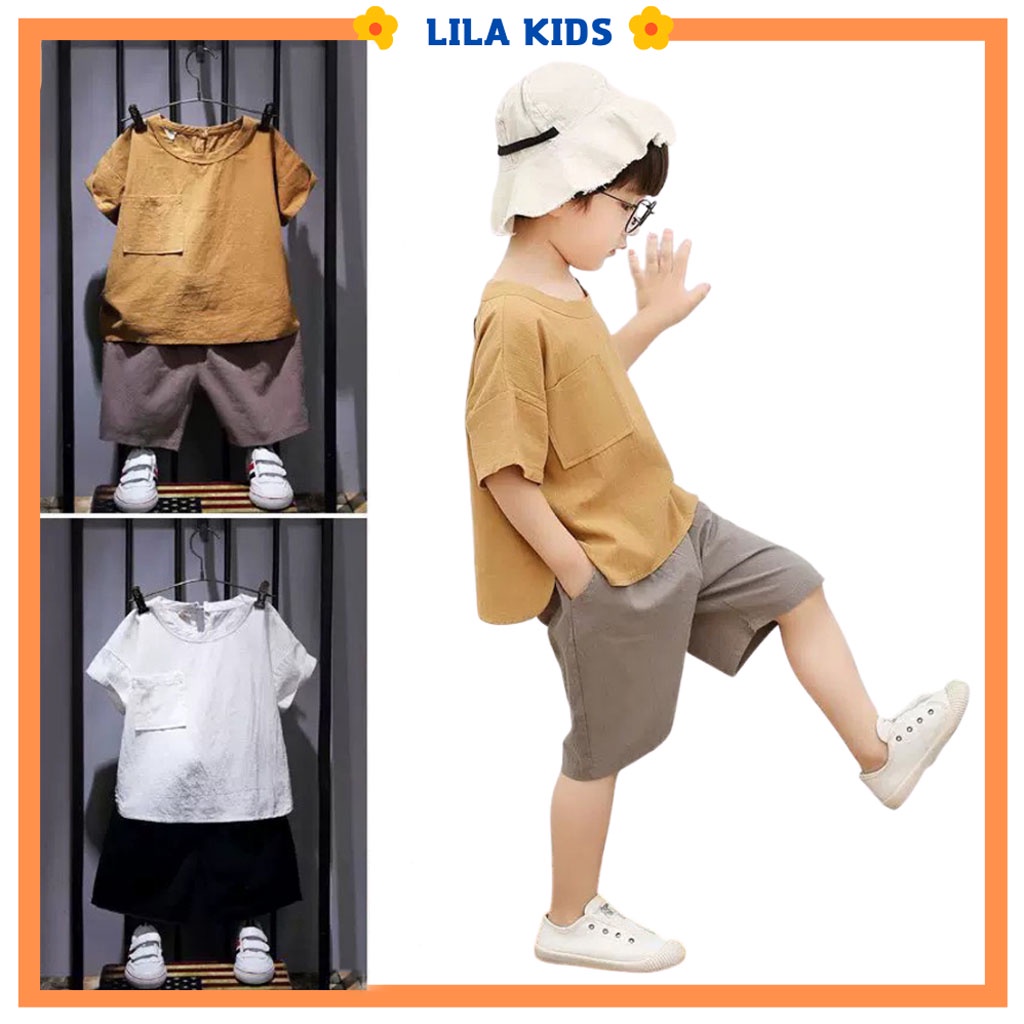 Bộ đồ bé trai, Bộ cộc tay vải đũi có túi ngực cho trẻ mặc đi chơi từ 6-28kg - LILA KIDS