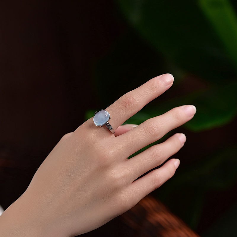 Nhẫn bạc S925 đính đá xanh biển tự nhiên thời trang nữ