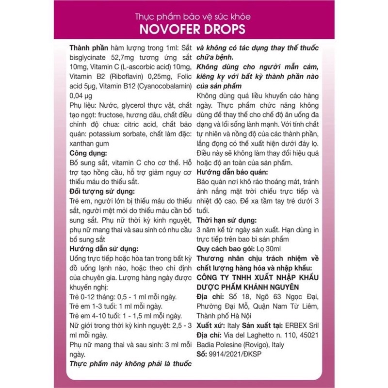 NOVOFER Drop - Sắt hữu cơ nhỏ giọt + vitamin thiết yếu
