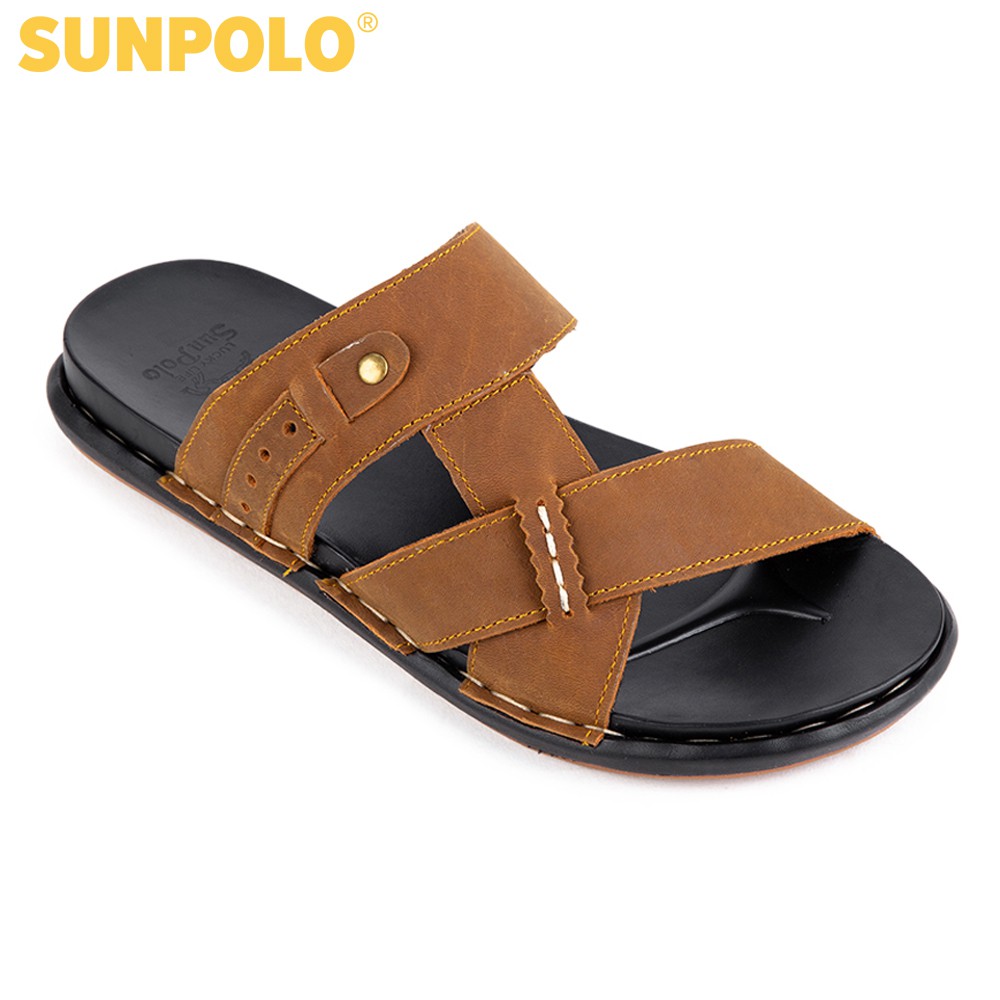 [Mã BMBAU50 giảm 7% đơn 99K] Dép Quai Ngang Nam Da Bò SUNPOLO Đen Nâu - SNA101
