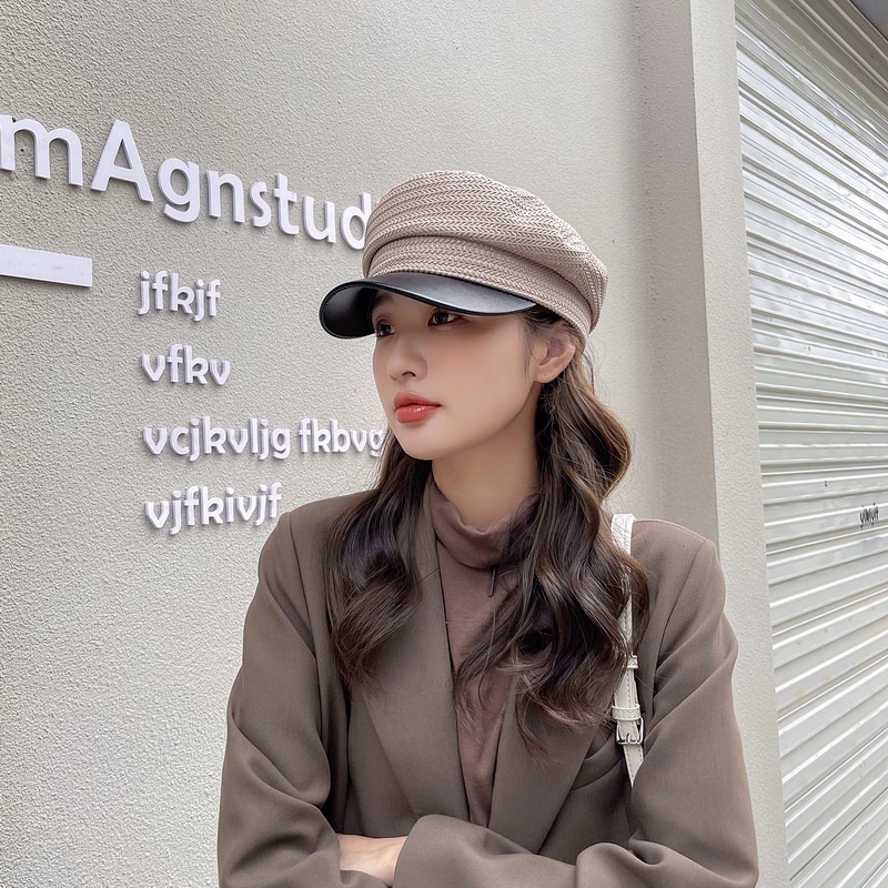 Mũ beret nữ thời trang có vành da Pu kết hợp vải cotton họa tiết sọc xương cá lấp lánh 3 màu