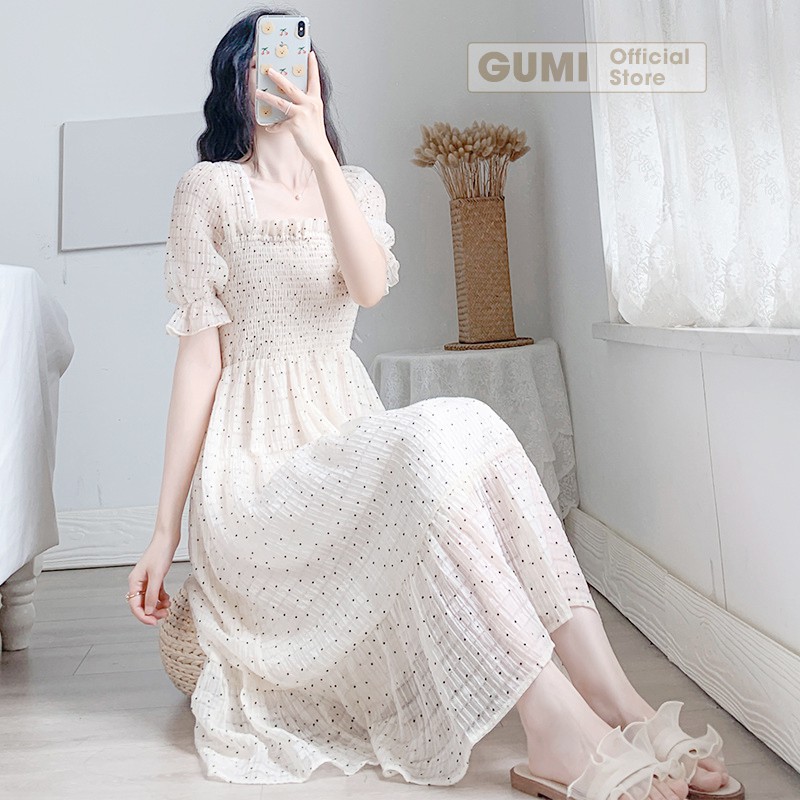 Đầm maxi đi biển trắng cổ vuông chấm bi - Váy maxi chấm bi biển xinh đẹp GM2090