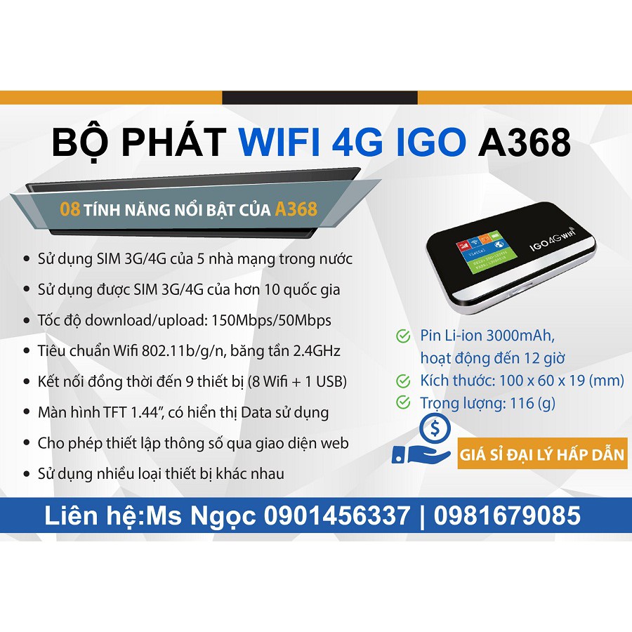 Bộ phát Wifi 3G 4G IGO A368 sử dụng tại Việt Nam và 10 quốc gia khác