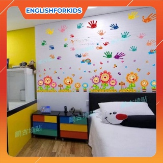 Decal dán tường chân tường hoa mặt trời và bàn tay sắc màu