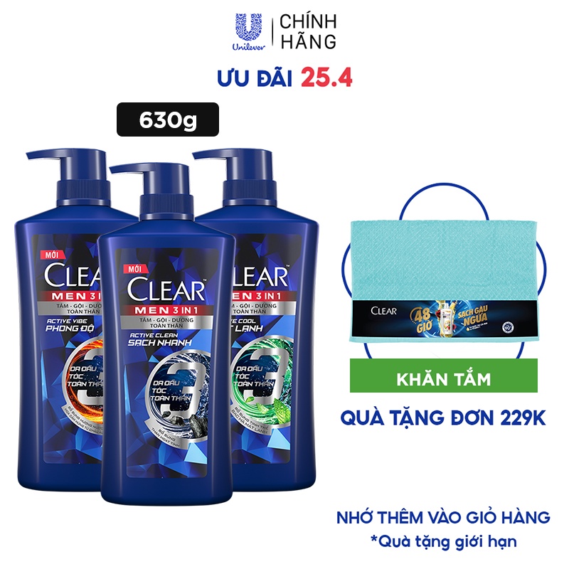 Dầu Tắm - Gội - Dưỡng Mát Lạnh 3 trong 1 cho nam Clear Men Active 630g