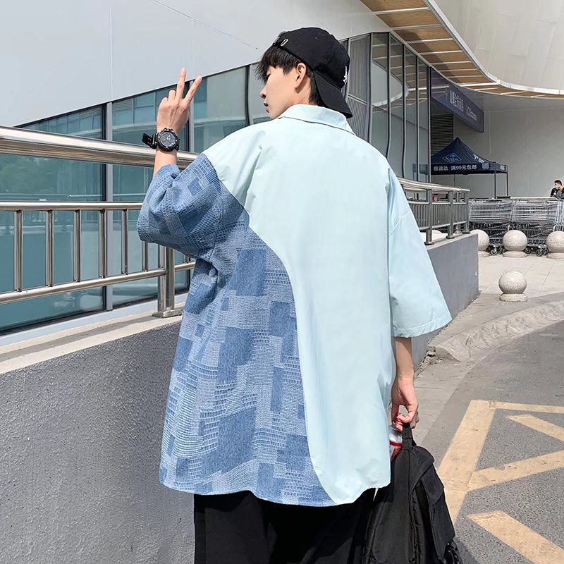 Áo sơ mi tay ngắn dáng rộng màu tương phản phong cách hồng kông cá tính cho nam  áo sơ mi nam bigsize unisex from rộng  màu xanh splice hàn quốc áo nam đẹp simple retro thời trang tình nhân