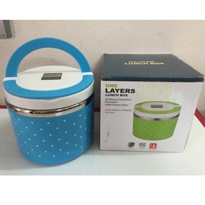 Hộp cơm giữ nhiệt chấm bi 1 tầng ruột inox, ca đựng cháo cho bé yêu