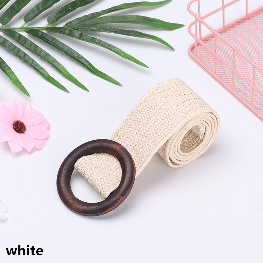 Thắt lưng cói PP bảng rộng phối khóa gỗ tròn thời trang làm phụ kiện cho đầm/áo sơ mi