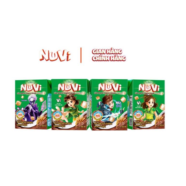 Lốc 4 hộp Nutifood NuVi Thức uống Sữa Lúa mạch Cacao Có Thạch hộp 100ml