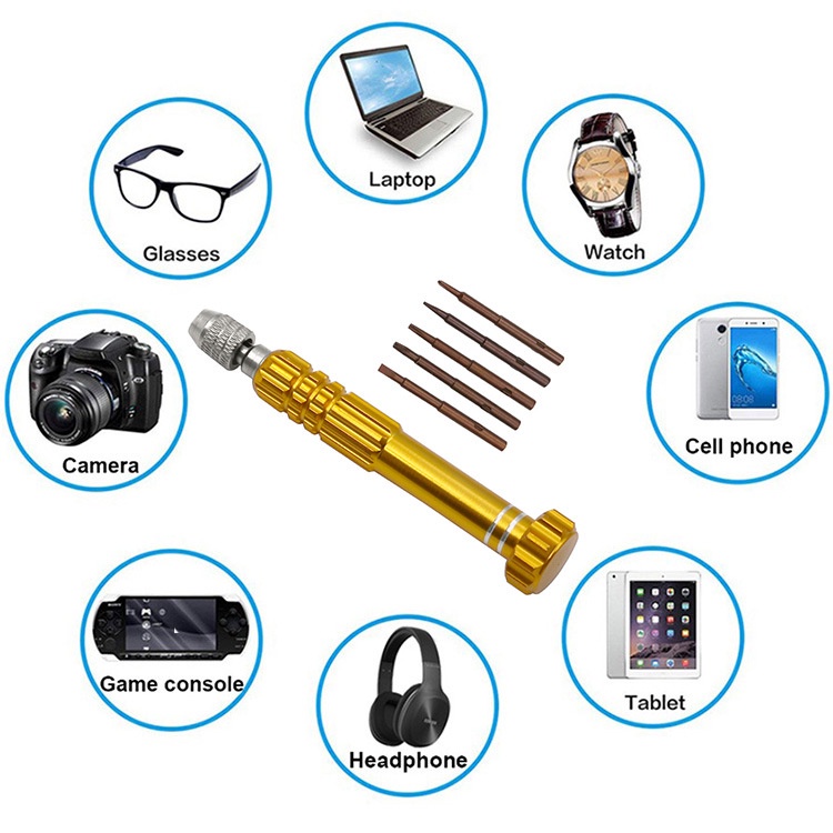 Cây vít mở điện thoại, đồng hồ, đồ chơi, đa năng 5in1(vàng)