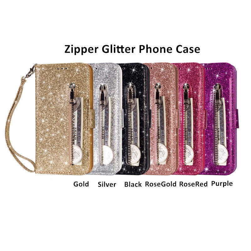 Bao da điện thoại kim tuyến nắp lật có ngăn ví khóa kéo cho Samsung Galaxy Note 9/ Note 8 | BigBuy360 - bigbuy360.vn