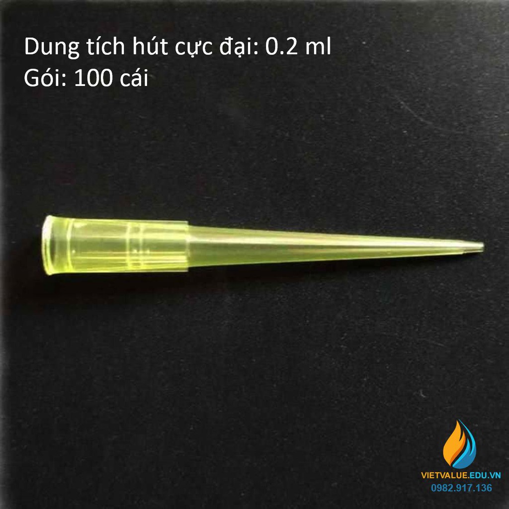 Túi 1000 cái đầu côn pipet hút, loại 0.2ml, nhựa PP màu vàng tiệt trùng