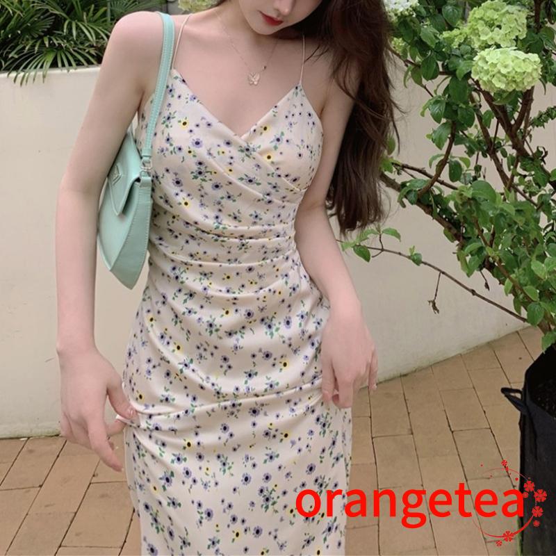ORT-Female Dress, Floral Print V-Neck Sleeveless Spaghetti Strap Ruched One-Piece Summer Outfit, S/M/L