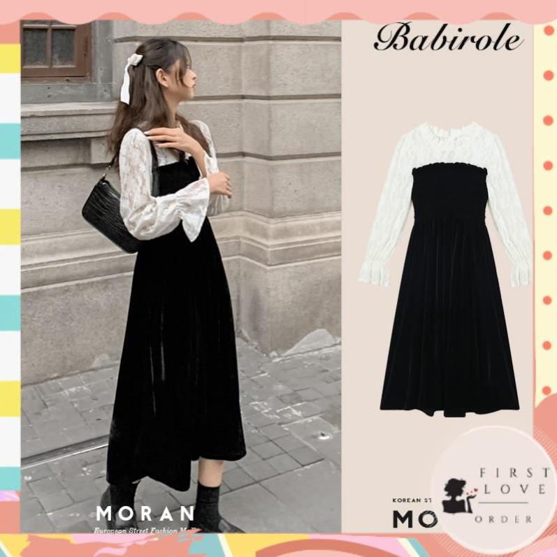 (firstlove ORDER) Váy nhung xòe dài tay phối ren hoa trắng tiểu thư style tiểu thư dự tiệc sang trọng (Hàng_mới_về) 01