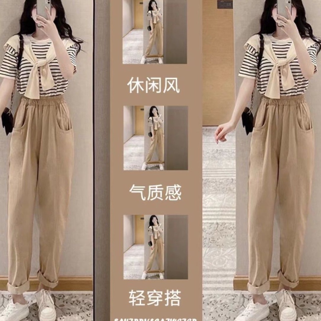 Set áo thun sọc ngang và quần dài ống rộng thời trang nữ (có bán lẻ)