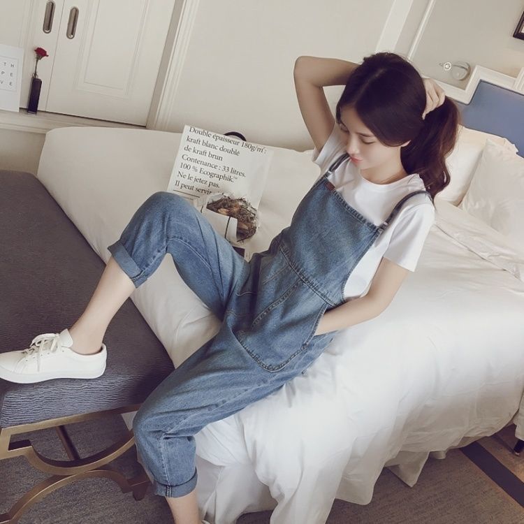 Bộ Áo Liền Quần Denim Dáng Rộng Phong Cách Hàn Quốc Dễ Thương Thời Trang Xuân Thu Cho Nữ 2022