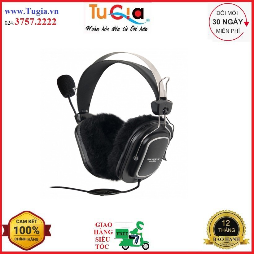 Tai nghe chụp đầu - có micro SOUNDMAX AH304 lót da + tặng kèm lót lông mềm mại -Hàng chính hãng