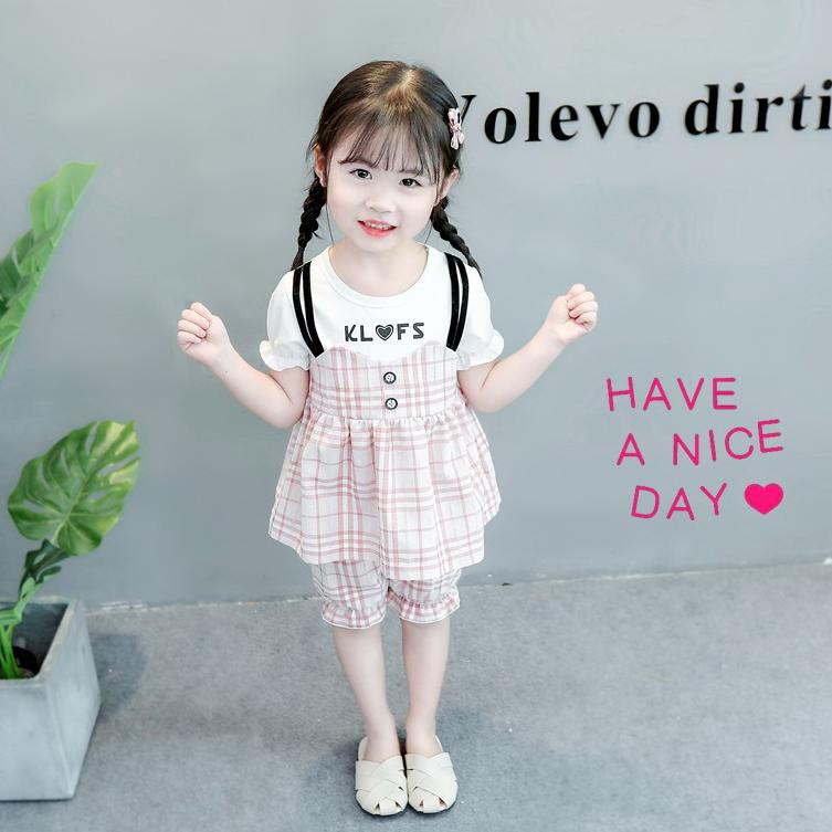 Mới Bộ Quần Áo Cotton Ngắn Tay 2 Trong 1 Nhập Khẩu Hàn Quốc Dành Cho Bé Gái 1-5 Tuổi