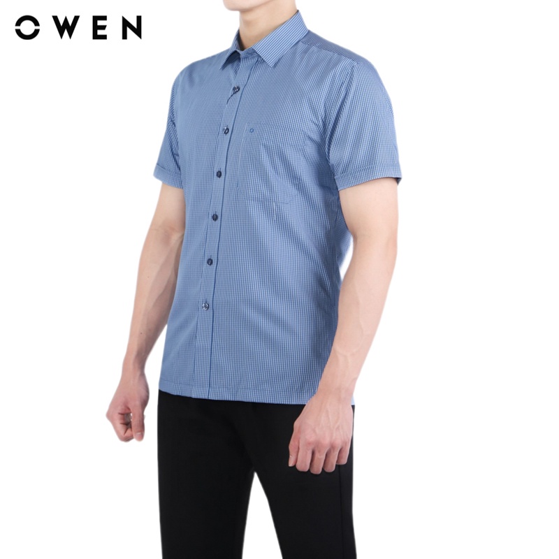 Áo sơ mi ngắn tay Nam Owen  Bạc hà Body Fit màu Xanh trắng - BA23567N
