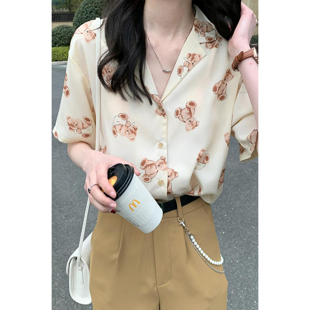 Áo sơ mi công sở nữ bigsize 4xl Hàn Quốc họa tiết đáng yêu ngắn tay form rộng tay lỡ kiểu dáng Ulzzang DK8T202