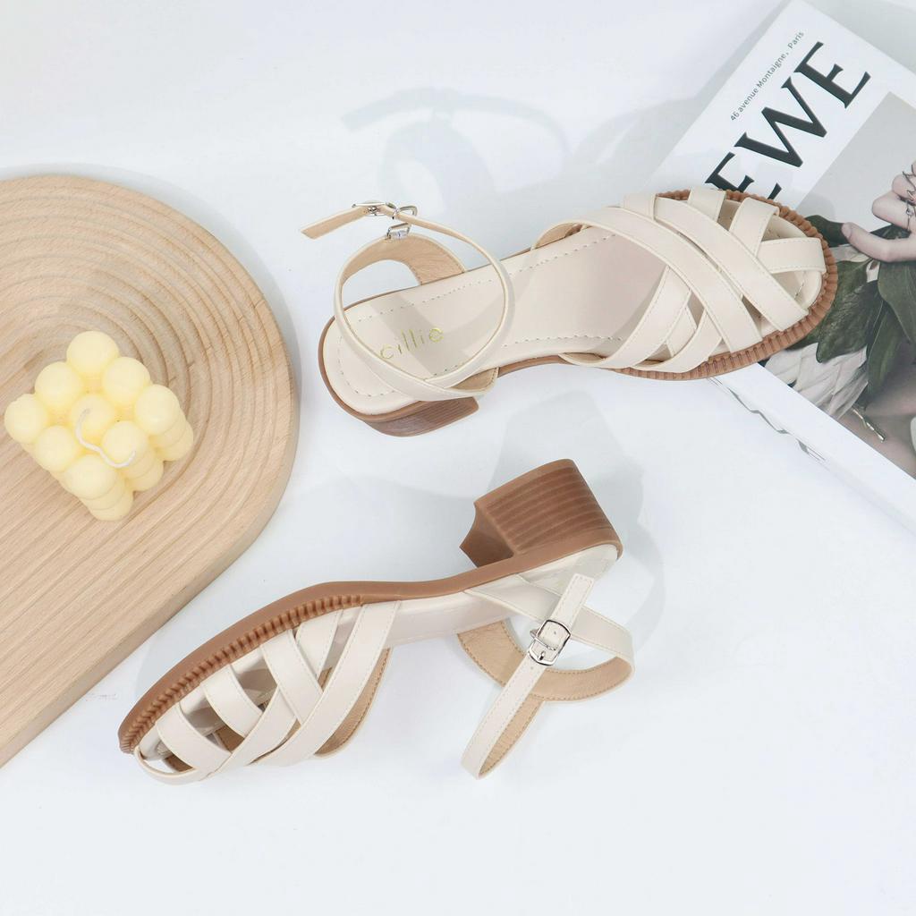 Giày sandal nữ mũi rọ đan dây gót vuông cao 5cm 1067