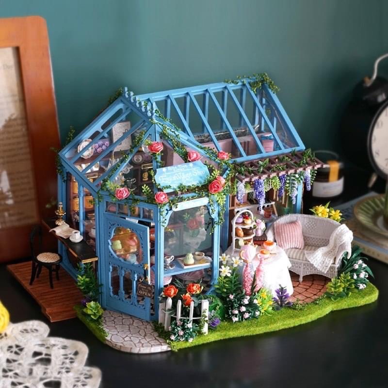 (Tặng keo sữa,đèn)Mô hình đô chơi nhà búp bê bé tự lắp ráp quán hoa trà bánh diy doll house A068