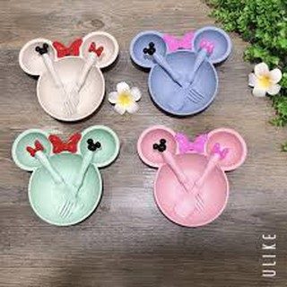 Khay ăn dặm Mickey lúa mạch kèm thìa dĩa cho bé