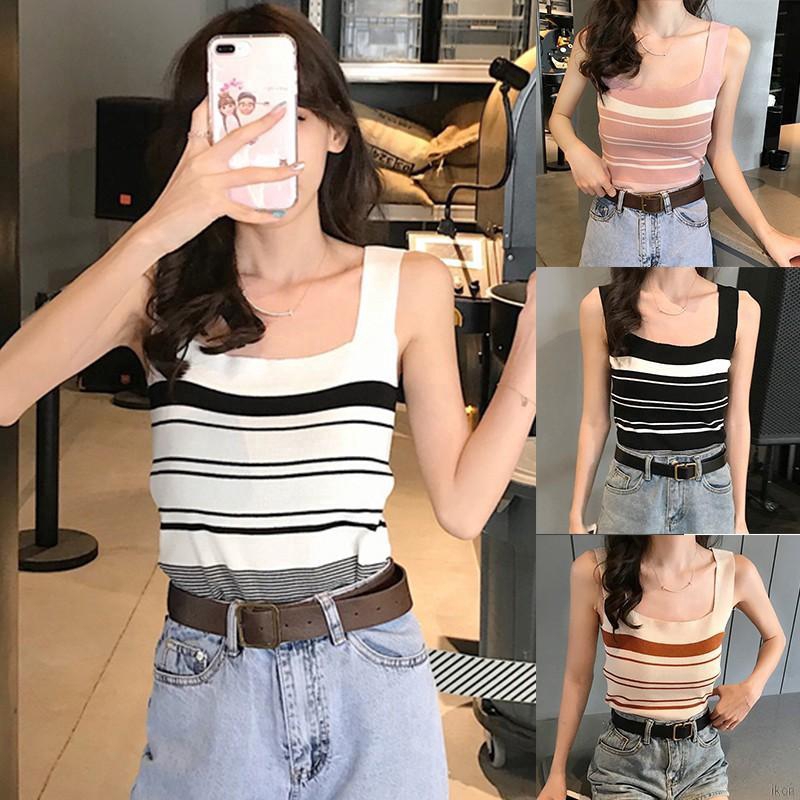 Áo Hai Dây Dệt Kim Hoạ Tiết Kẻ Sọc Kiểu Dáng Quyến Rũ