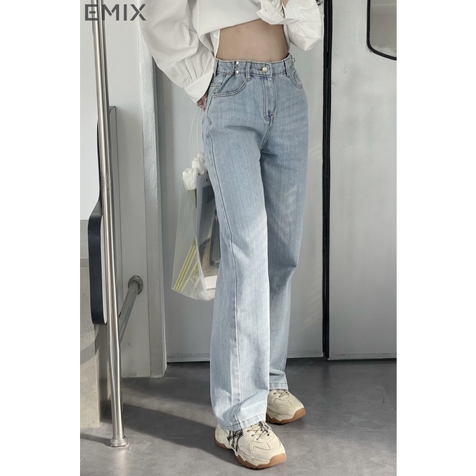 Quần jeans nữ cạp cao EMIX, quần ống suông dáng dài, khóa móc cài, có túi, ống vừa, ít giãn Jeanmoccai