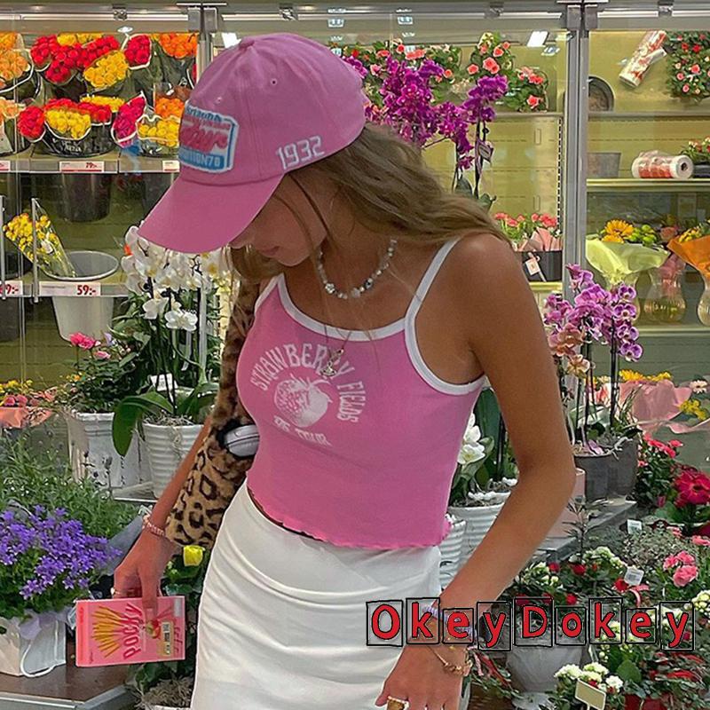OKDK-y2k Women Camisole Letters Strawberry Print Summer Casual Daily Crop Top