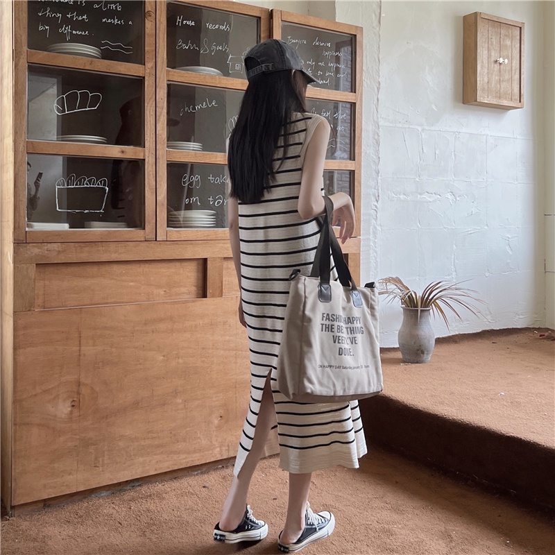 Đầm IELGY dệt kim dáng dài họa tiết kẻ sọc thời trang Pháp dành cho nữ