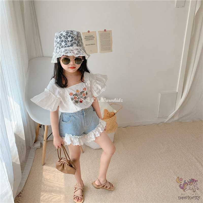 Áo Kiểu Tay Ngắn Phối Ren Hoa Dành Cho Bé Gái