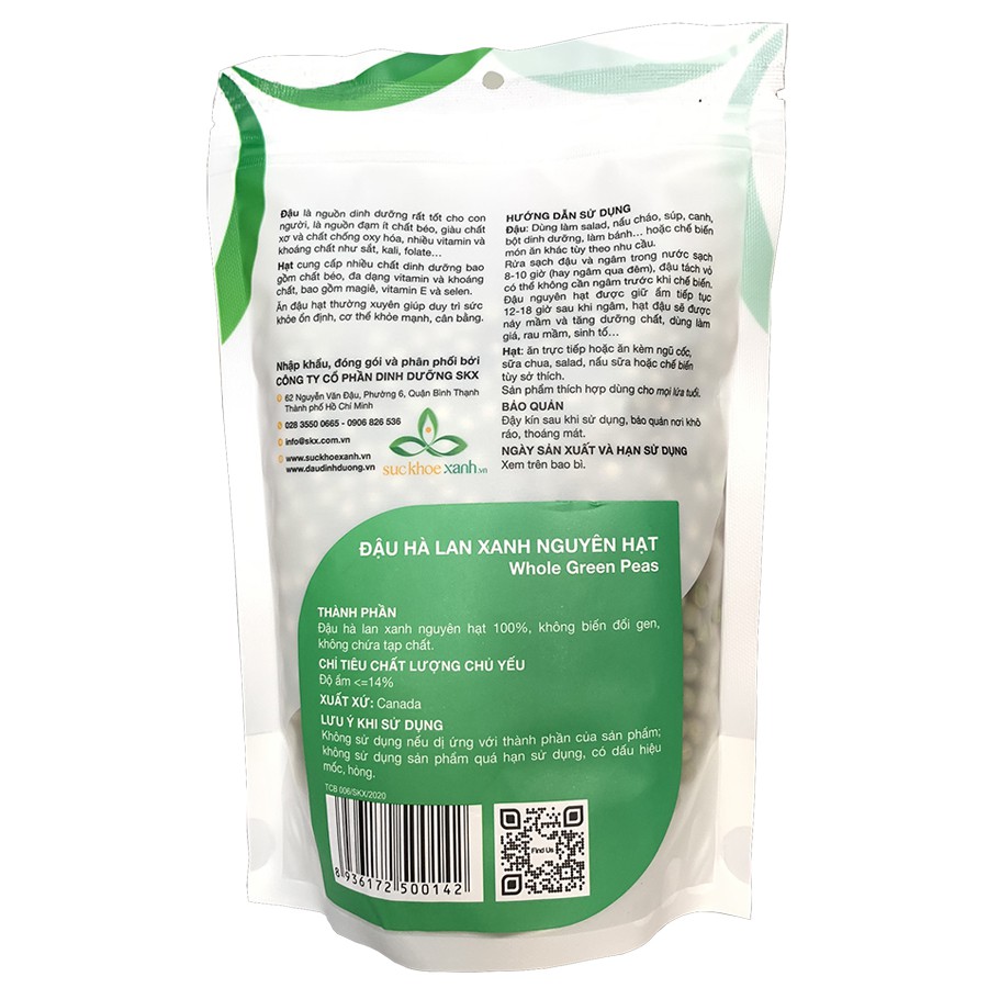 Đậu Hà Lan xanh nguyên hạt túi 500g