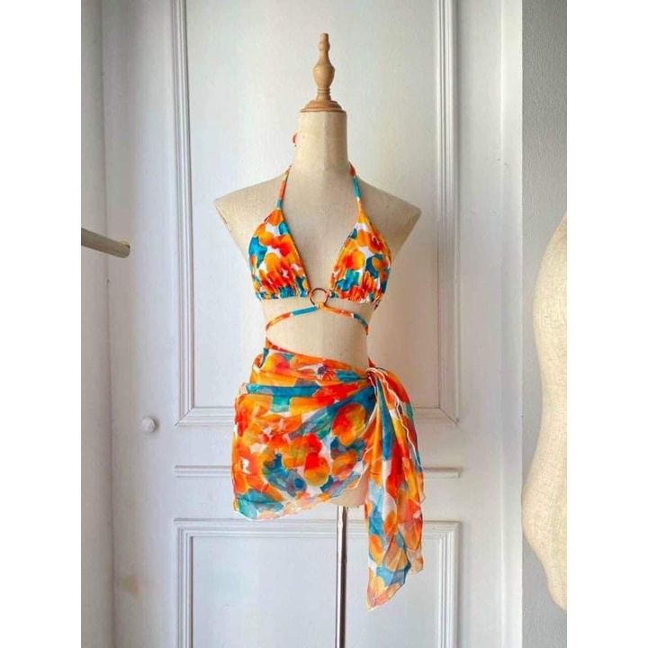 Sét bikini 2 mảnh kèm khăn hoa cam đồ bơi nữ đi biển KONKUN MS112