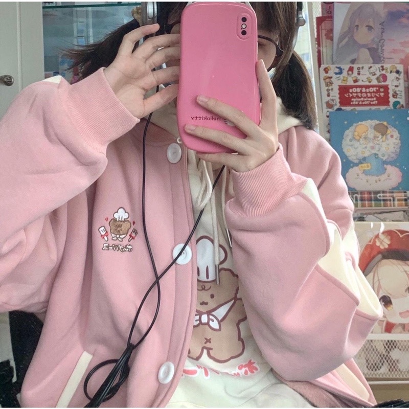 Áo khoác nỉ form rộng tay phối màu thêu hình Gấu - Áo khoác hoodie nỉ bông