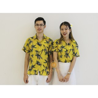 Áo sơ mi nữ họa tiết cây dừa, chất cát lụa