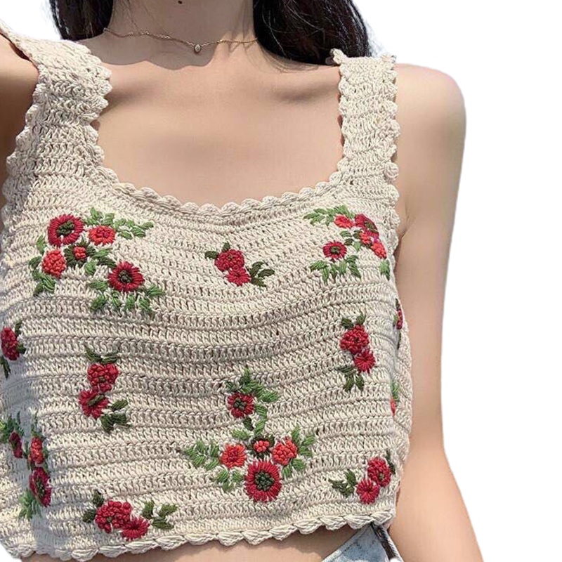 Áo Croptop Dệt Kim Không Tay Thêu Họa Tiết Hoa Lá Phong Cách Boho Thời Trang Mùa Hè Cho Nữ