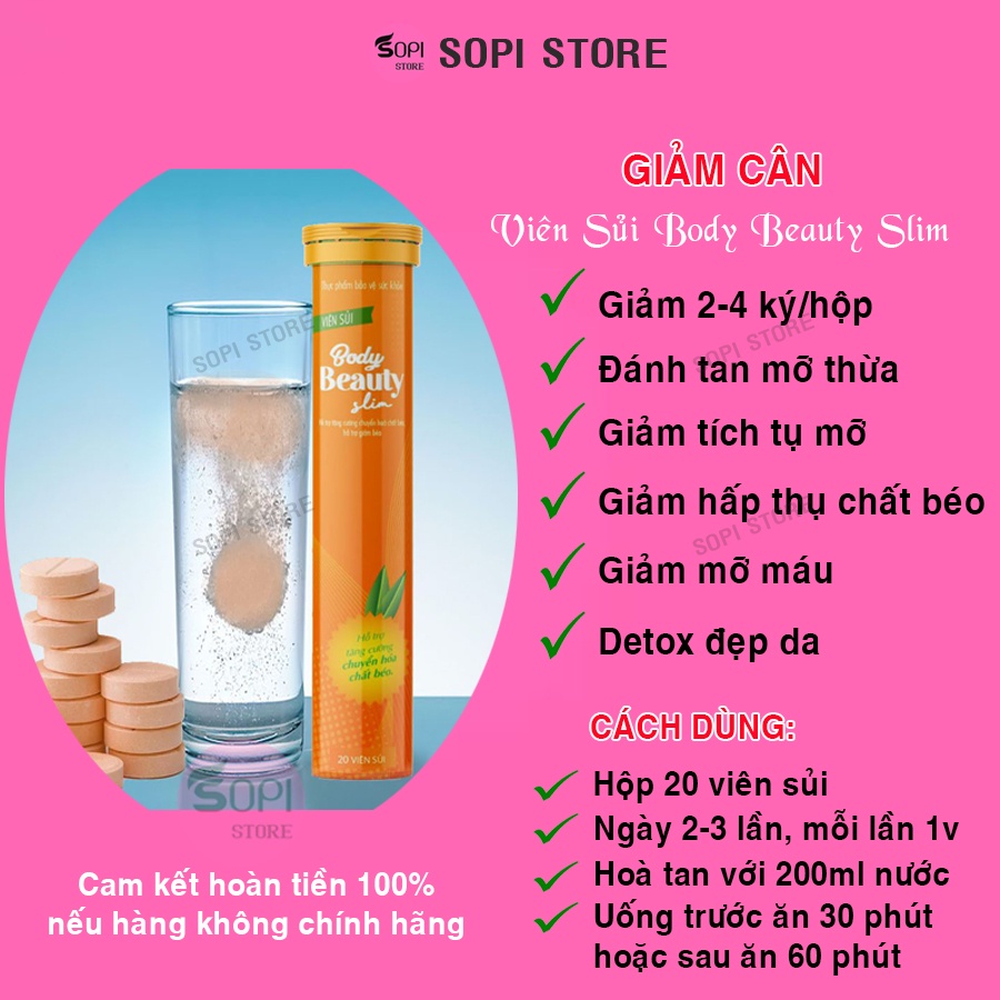 [Mua 3 tặng 1] Body Beauty Slim - Viên sủi giảm cân cấp tốc chính hãng hộp 20 viên, giảm béo giảm mỡ bụng - Sopi Store