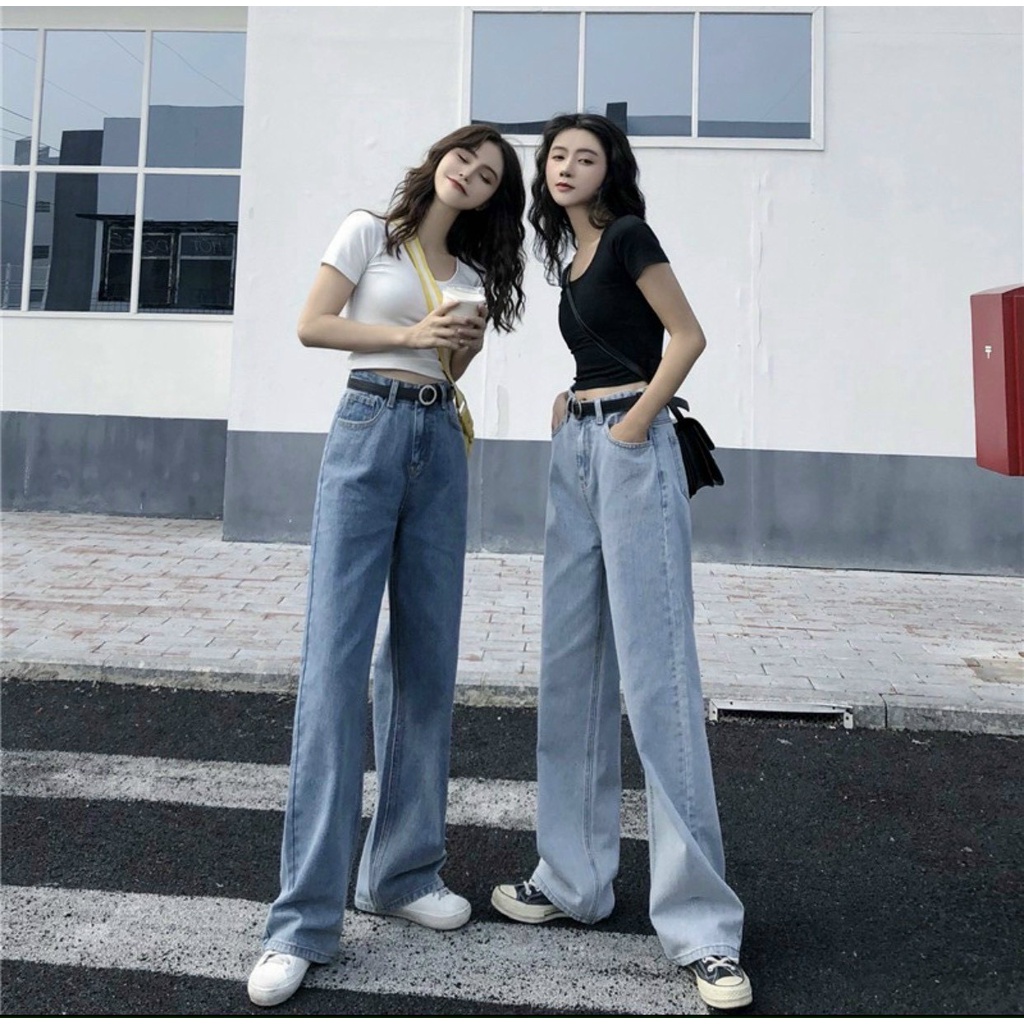 TCshopjean Bigsize Quần Jeans Suông Nữ Ống Rộng TRơn Xanh MS 105