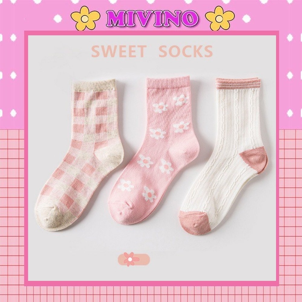 Set 3 đôi tất nữ Mivino vớ cổ cao họa tiết cánh hoa cực đẹp TN98