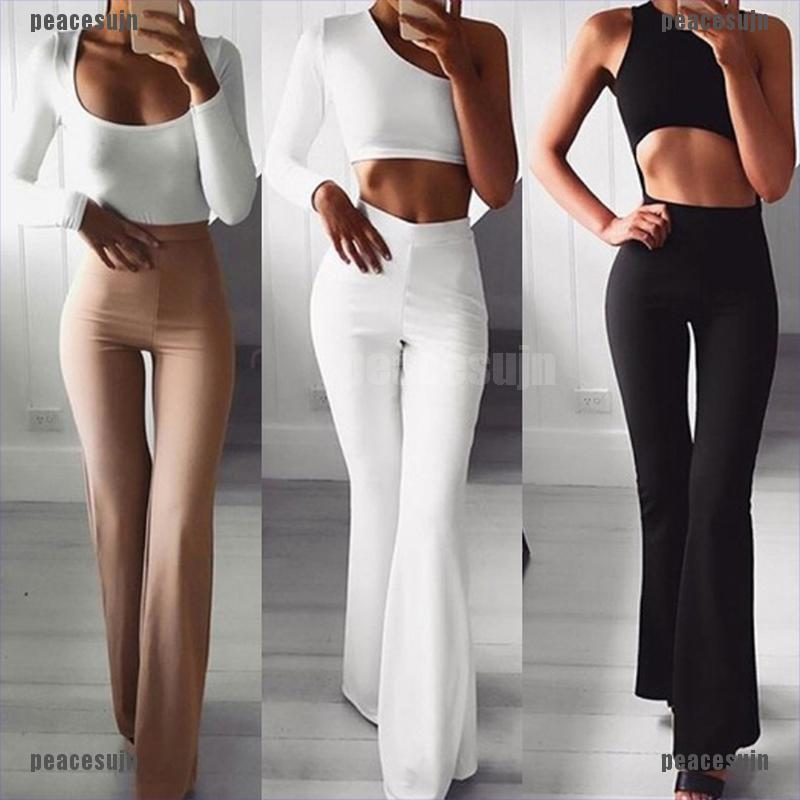 (PVN---NEW)Women Solid High Waist Flare Wide Leg Chic Trousers Bell Bottom Yoga Pants