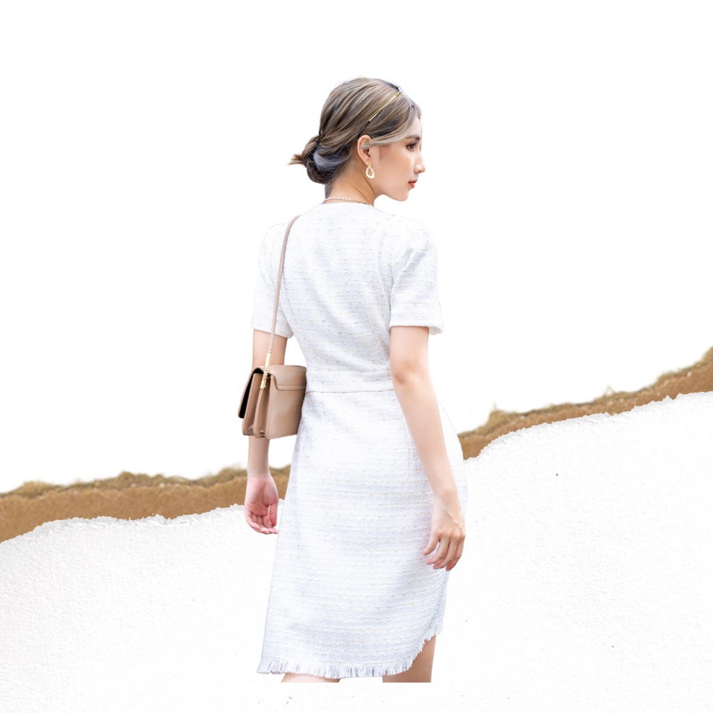 Đầm dạ tweed trắng cộc tay Lalastyle