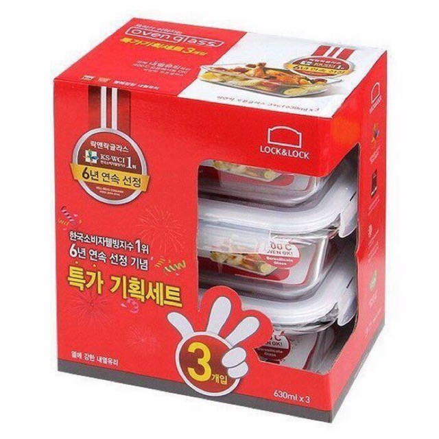 SET 3 HỘP THUỶ TINH  CHỊU NHIỆT 630ML LOCK&amp;LOCK