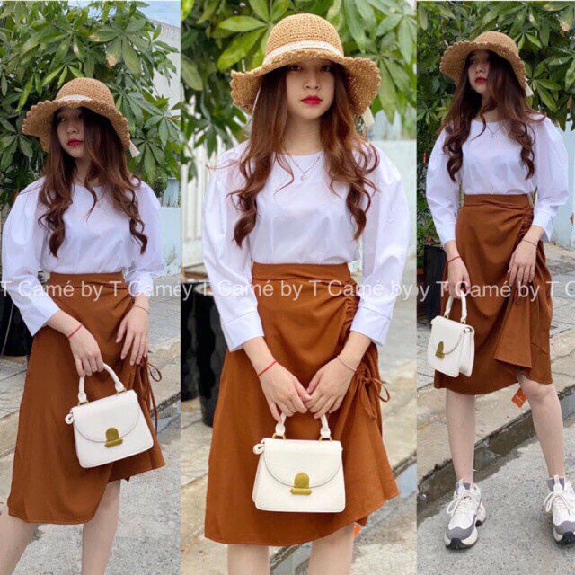 SET ÁO SƠ MI TRẮNG ĐŨI MIX CHÂN VÁY NÂU RÚT DÂY CHO NỮ - ÁO ĐŨI TRẮNG ULZZANG