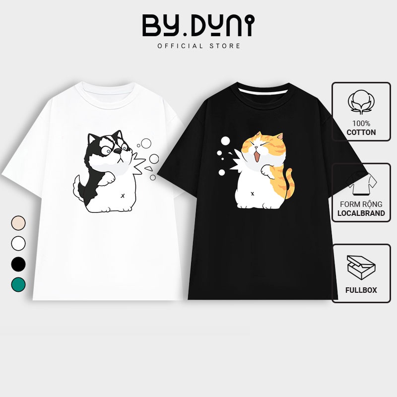 Áo thun cặp đôi nam nữ in hình CHÓ MÈO NÉM TUYẾT tay lỡ Oversize chất COTTON 4C FULLBOX BY.DUNI cute cho Cupple