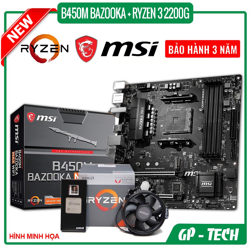 Combo Bo mạch chủ MSI B450M BAZOOKA MAX WIFI + CPU Ryzen 3 2200G (BH 03 Năm)