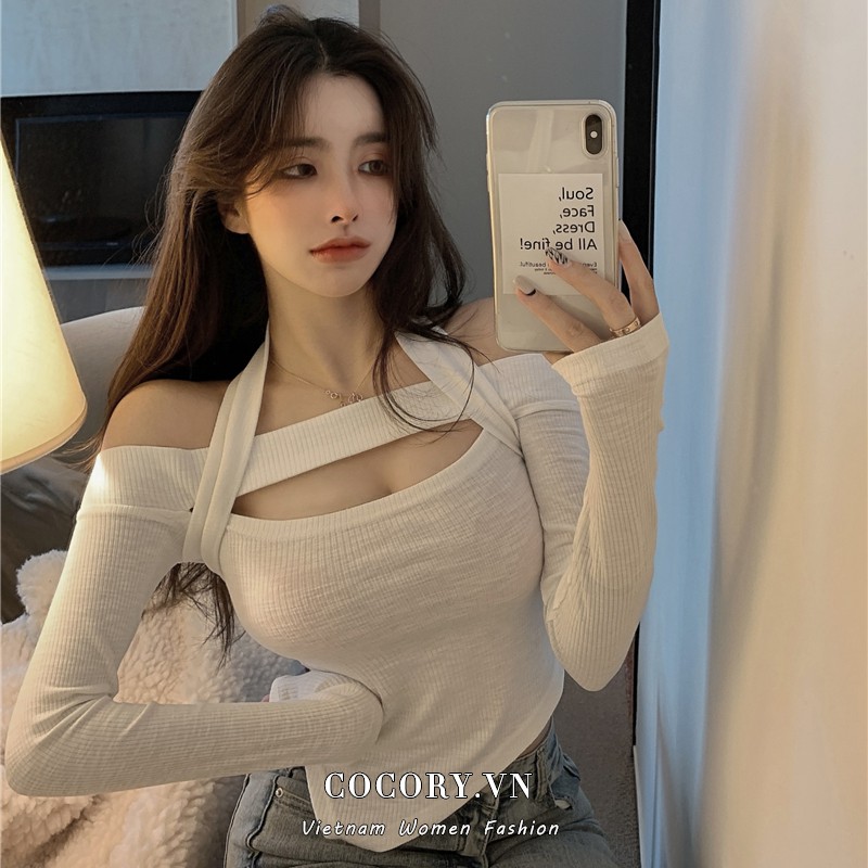 Cocory vn Áo Croptop Tay Dài Thiết Kế Trễ Vai Quyến Rũ Cho Nữ