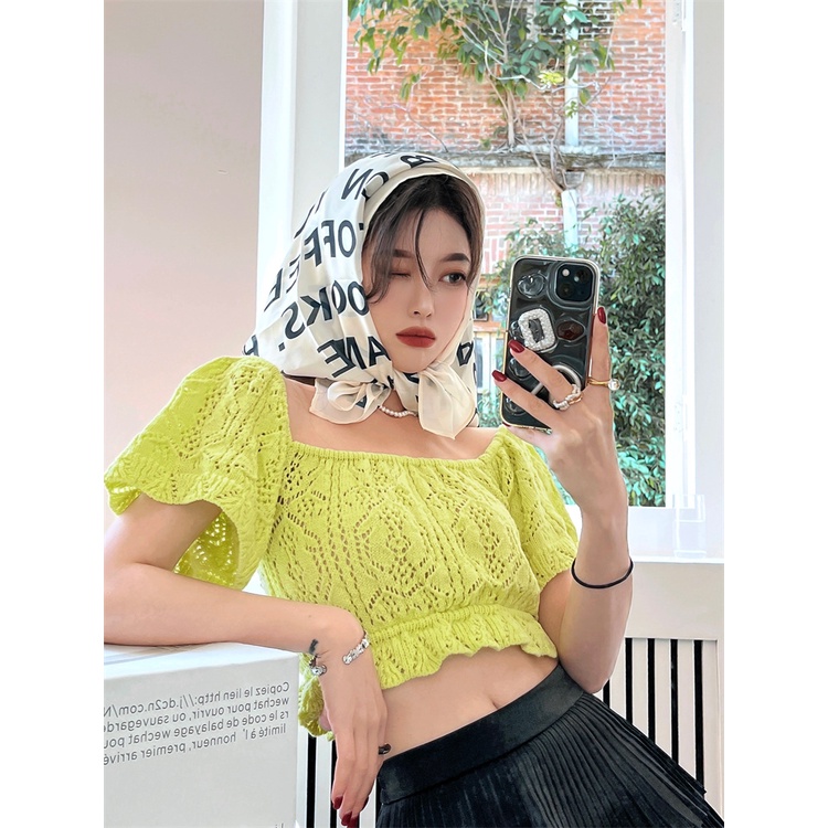 HUANG YOYO Áo Len Tay Ngắn Cổ Vuông Họa Tiết Sọc Thời Trang Phong Cách Hàn Quốc Cho Nữ