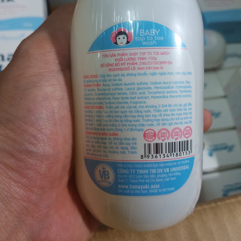 Sữa Tắm Gội Thảo Dược Cho Bé HANAYUKI Chai 150gr - Baby Top To Toe Wash Sữa tắm Hanayuki ngừa rôm sẩy cho bé