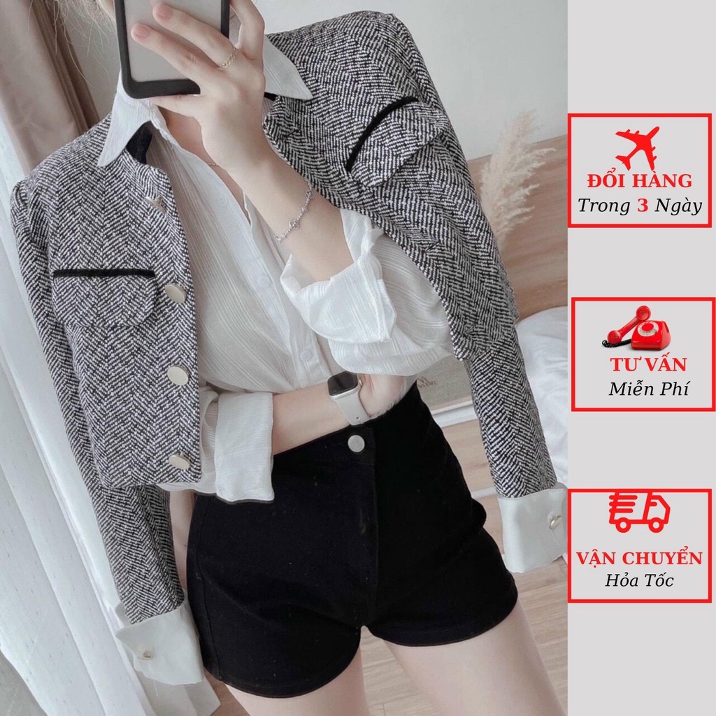 Áo dạ tweed nữ dáng ngắn croptop tay trắng cổ tàu muối tiêu đi tiệc cưới mùa thu đông ulzzang Hàn Quốc